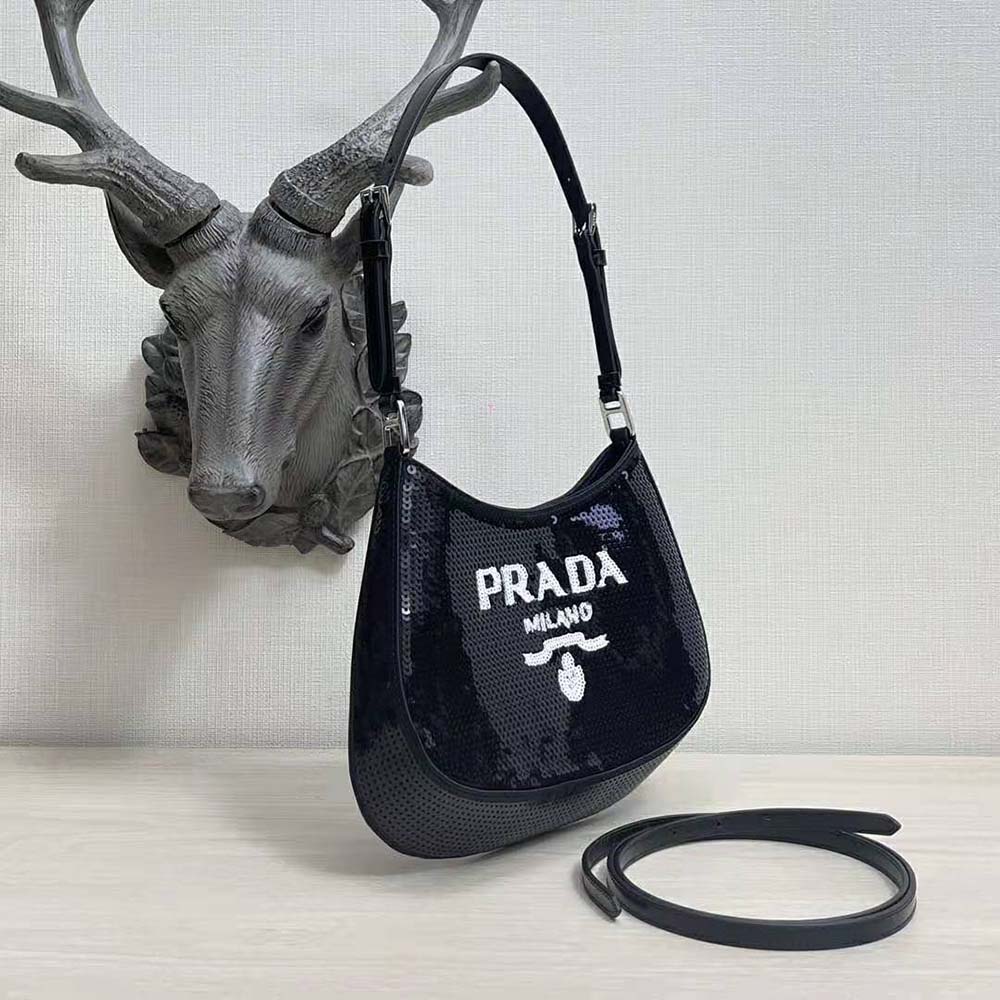 Prada Women Cleo Sequined Bag with Embroidered Lettering Logo on the Front