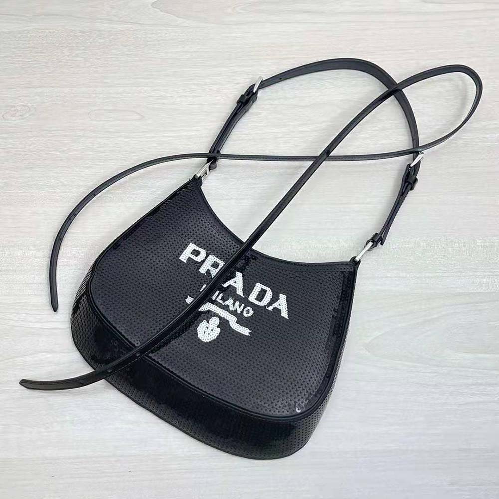 Prada Women Cleo Sequined Bag with Embroidered Lettering Logo on the Front