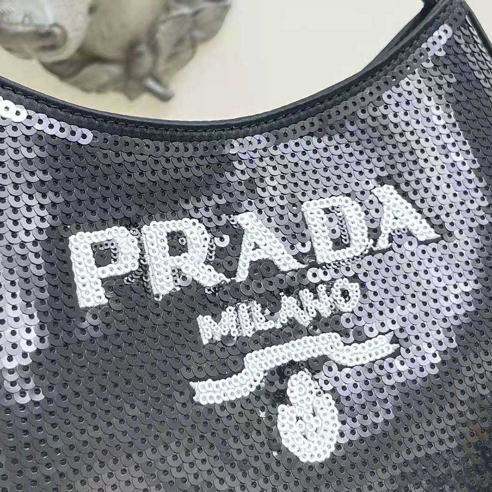 Prada Women Cleo Sequined Bag with Embroidered Lettering Logo on the Front