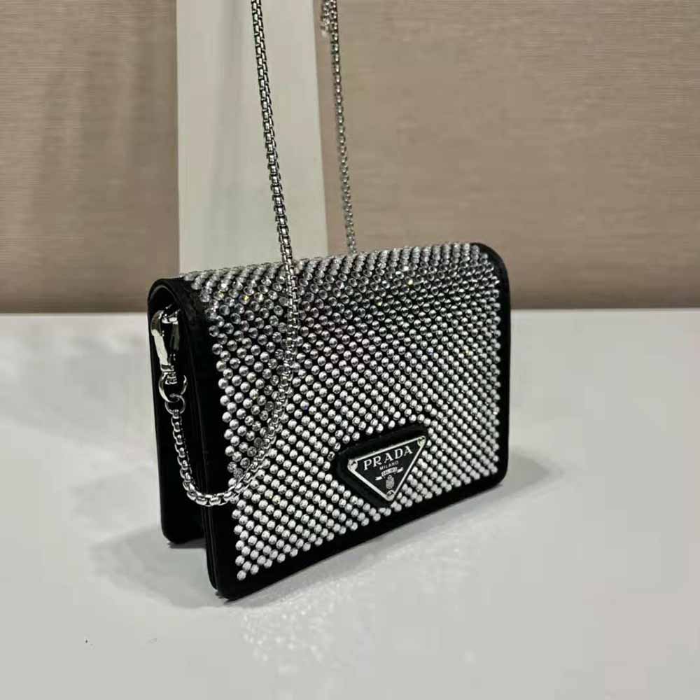 Prada Women Crystal-Studded Card Holder with Shoulder Strap-Black