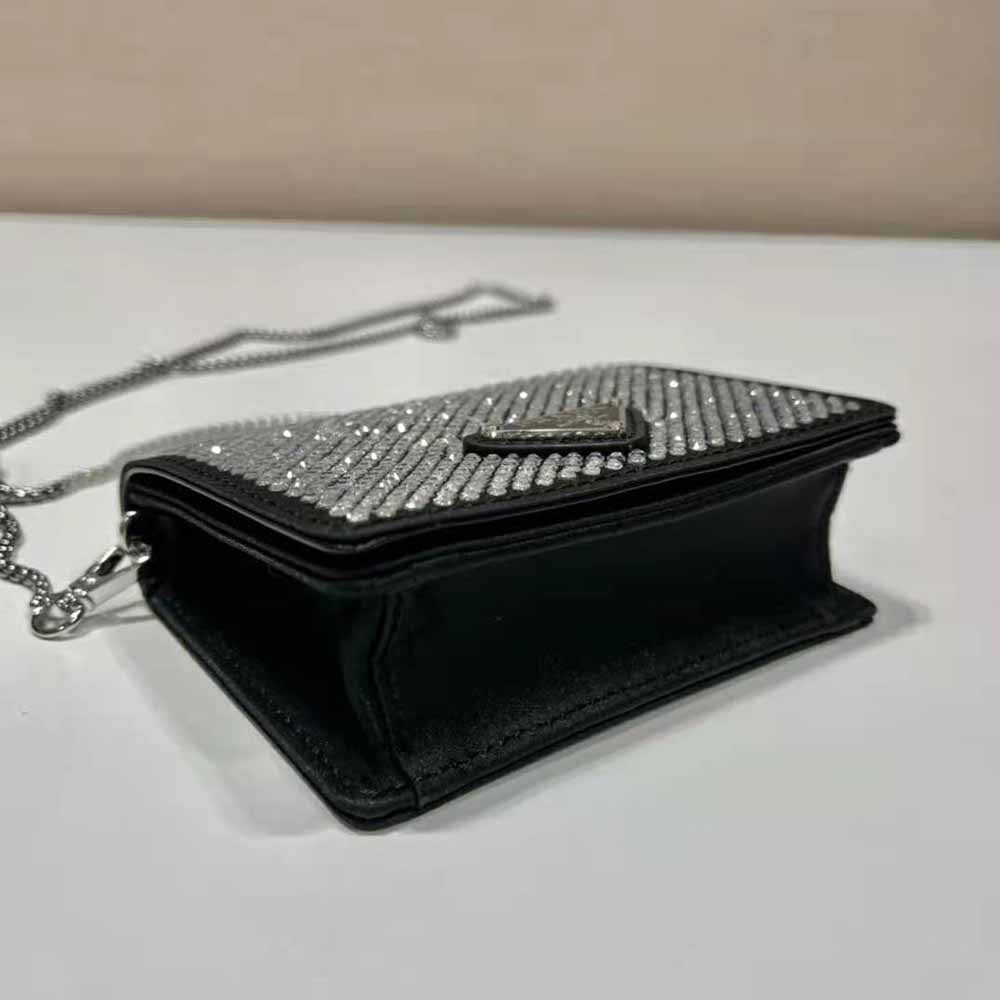 Prada Women Crystal-Studded Card Holder with Shoulder Strap-Black