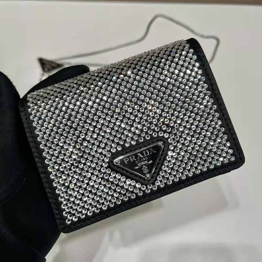 Prada Women Crystal-Studded Card Holder with Shoulder Strap-Black