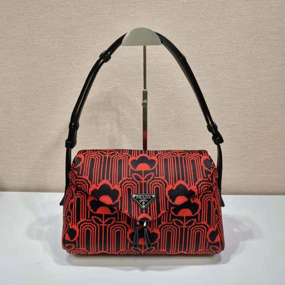 Prada Women Jacquard Knit and Leather Prada Signaux Bag-Red