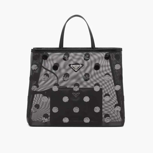 Prada Women Polka-Dot Mesh Tote Bag-Black