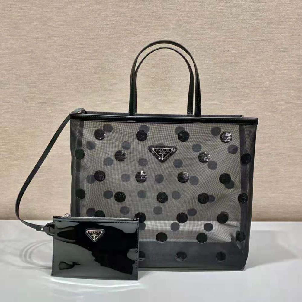 Prada Women Polka-Dot Mesh Tote Bag-Black