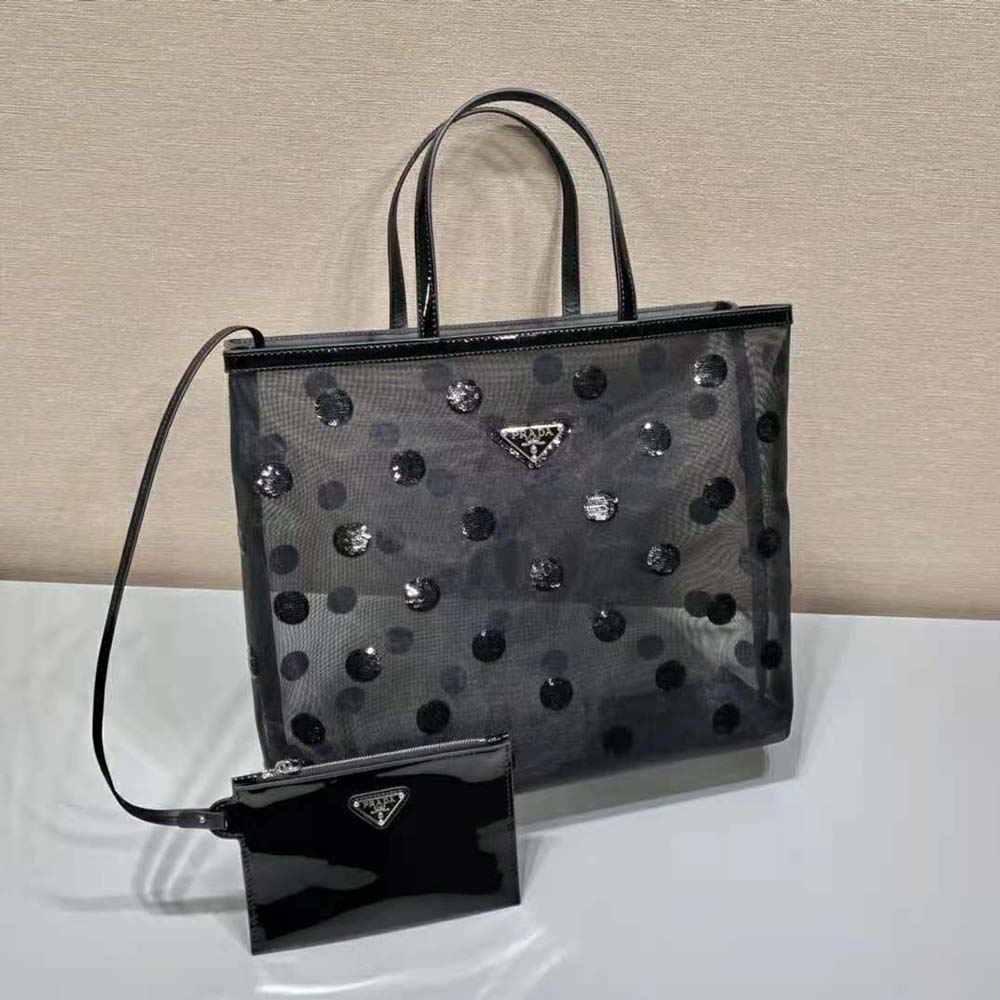 Prada Women Polka-Dot Mesh Tote Bag-Black