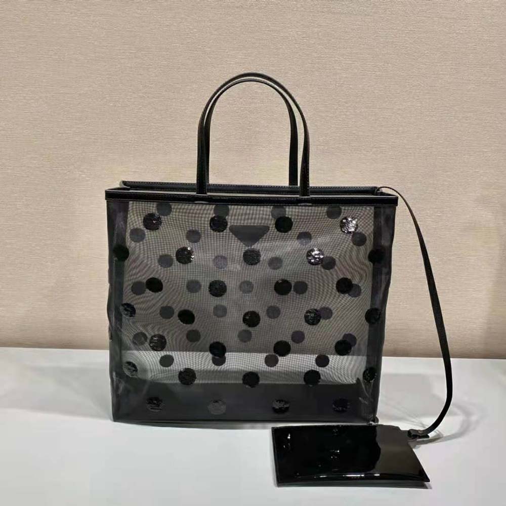 Prada Women Polka-Dot Mesh Tote Bag-Black