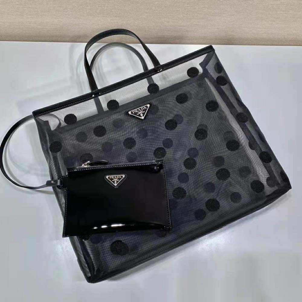 Prada Women Polka-Dot Mesh Tote Bag-Black