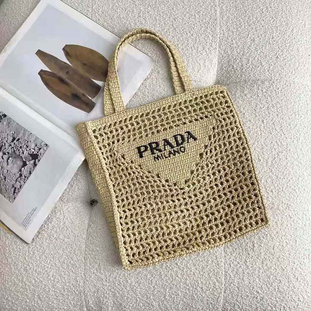 Prada Women Raffia Tote Bag-Beige