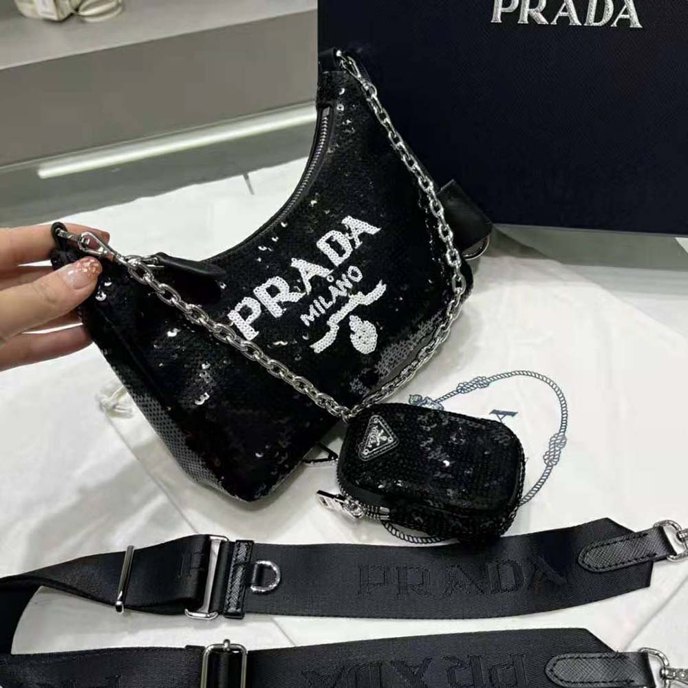 Prada Women Re-Edition 2000 Sequined Re-Nylon Mini-Bag-Black