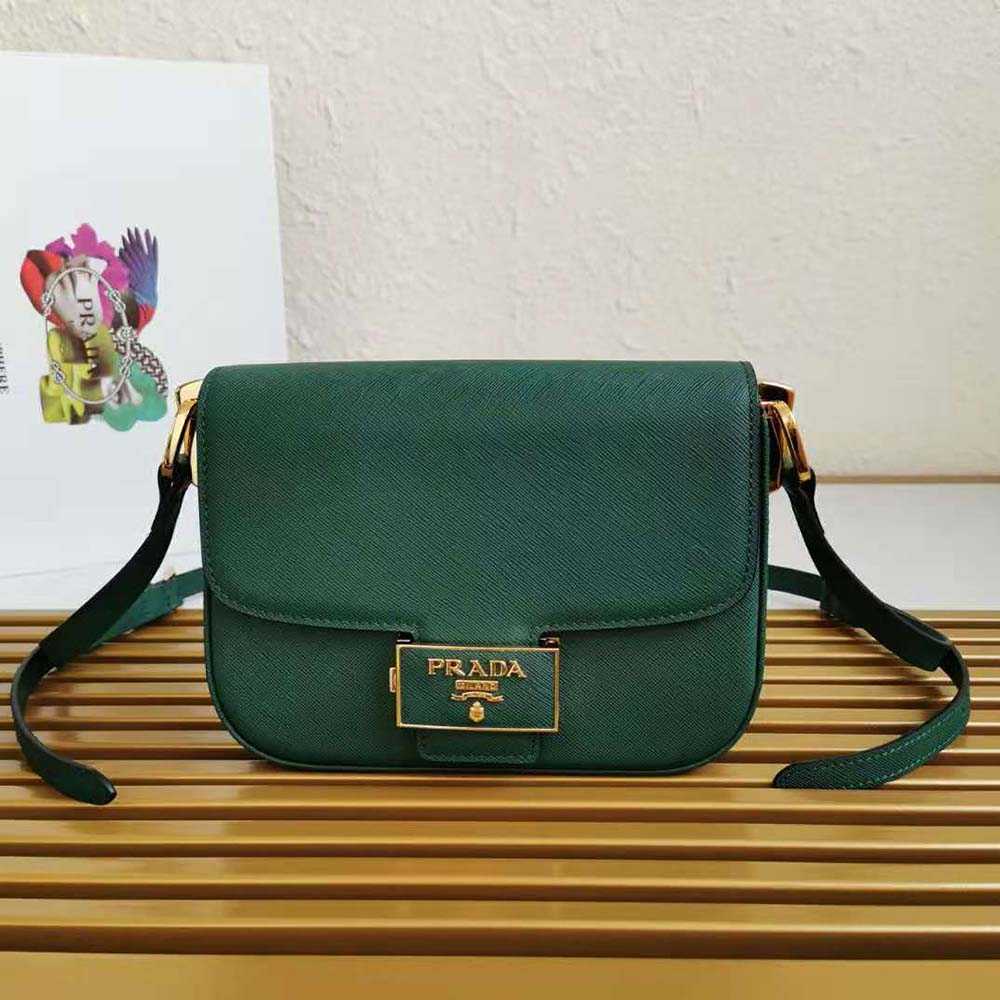 Prada Women Saffiano Leather Prada Embleme Bag-Green