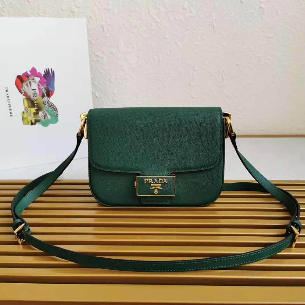 Prada Women Saffiano Leather Prada Embleme Bag-Green