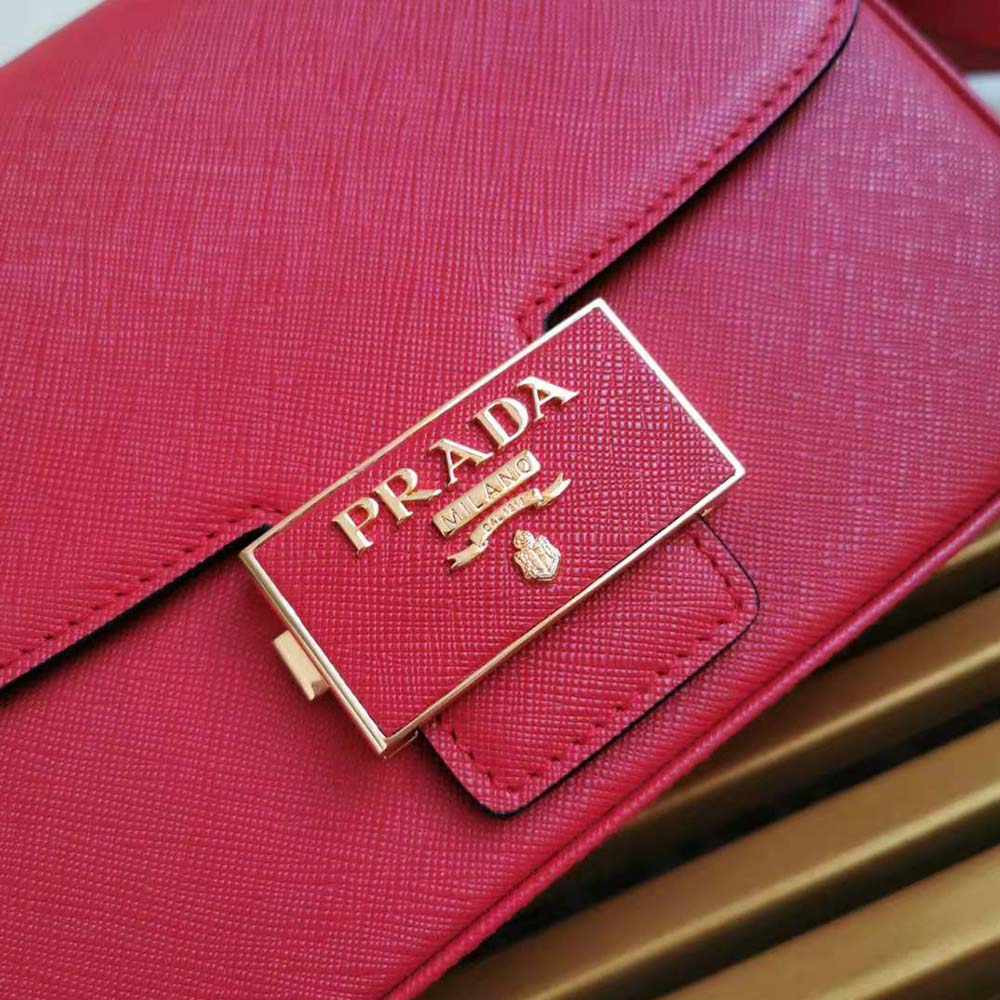 Prada Women Saffiano Leather Prada Embleme Bag-Red