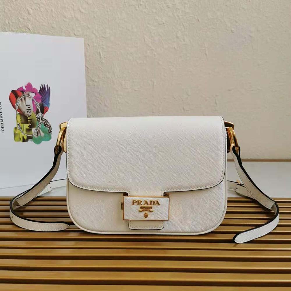 Prada Women Saffiano Leather Prada Embleme Bag-White