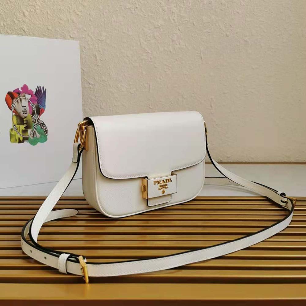 Prada Women Saffiano Leather Prada Embleme Bag-White