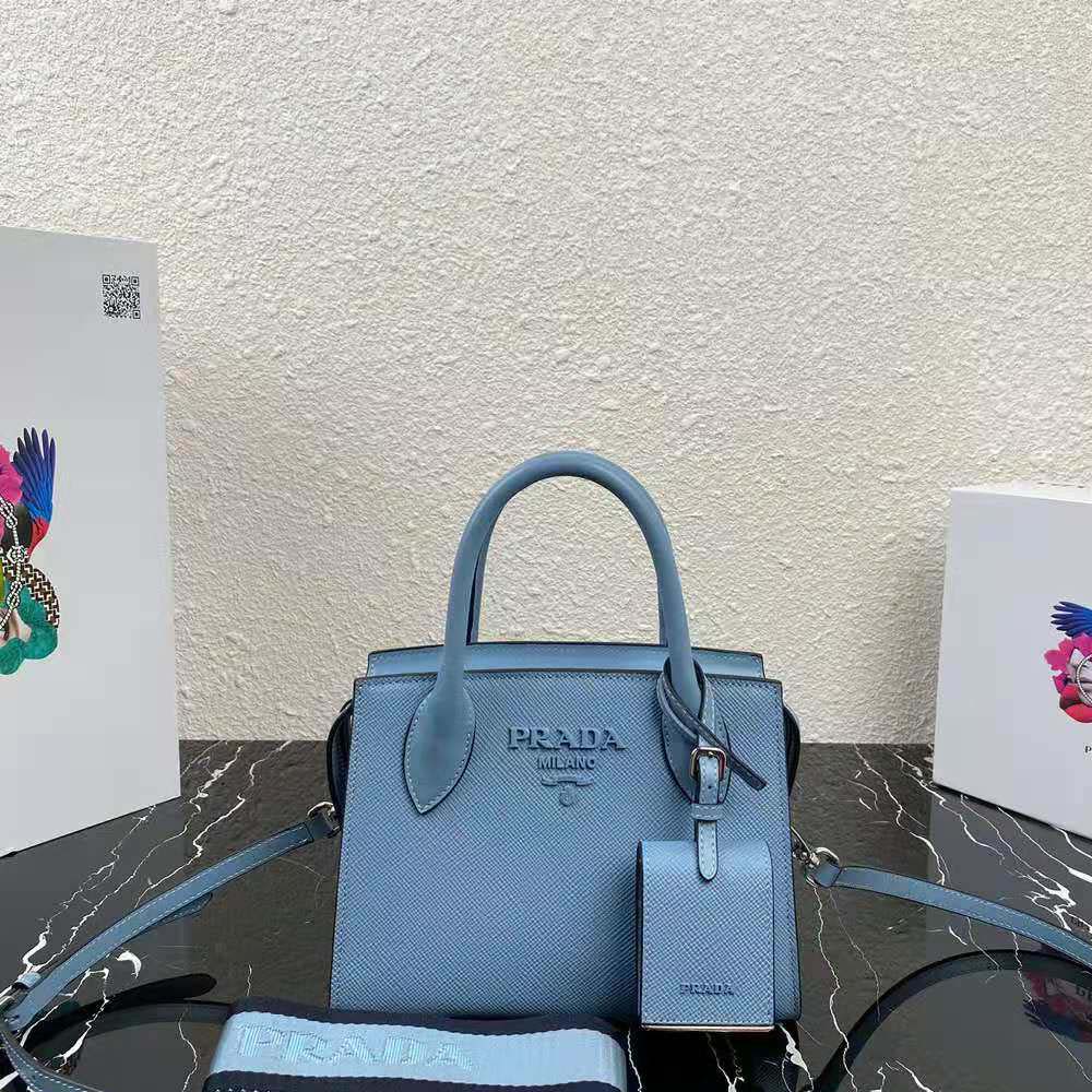 Prada Women Saffiano Leather Prada Monochrome Bag-Blue