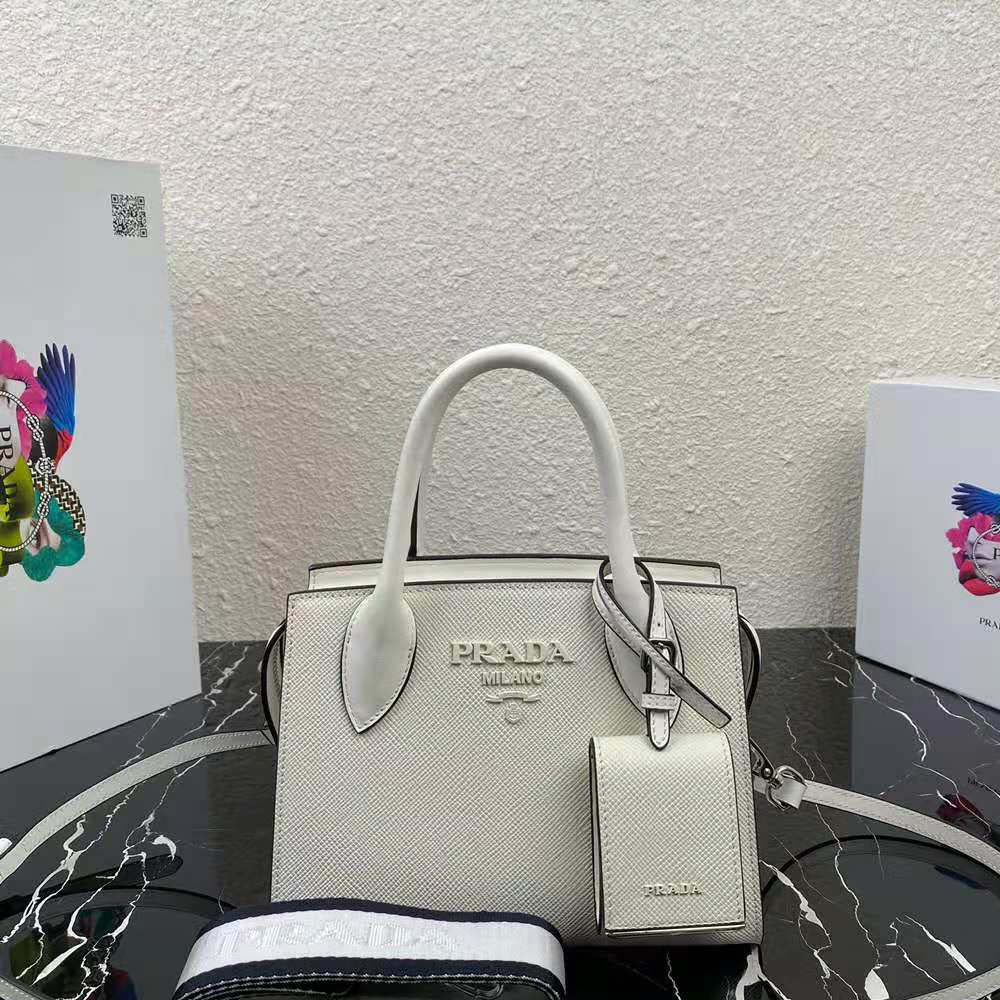 Prada Women Saffiano Leather Prada Monochrome Bag-White