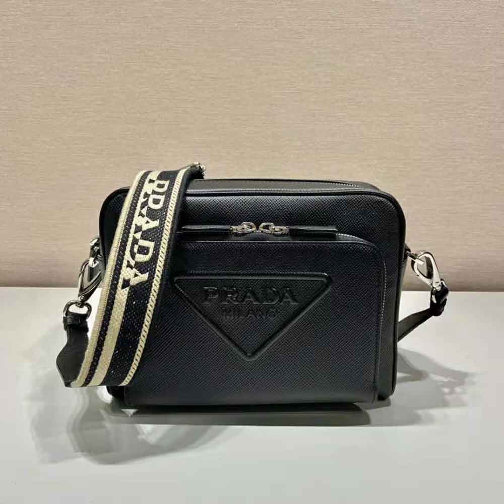 Prada Women Saffiano Leather Shoulder Bag With Iconic Prada Material-Black