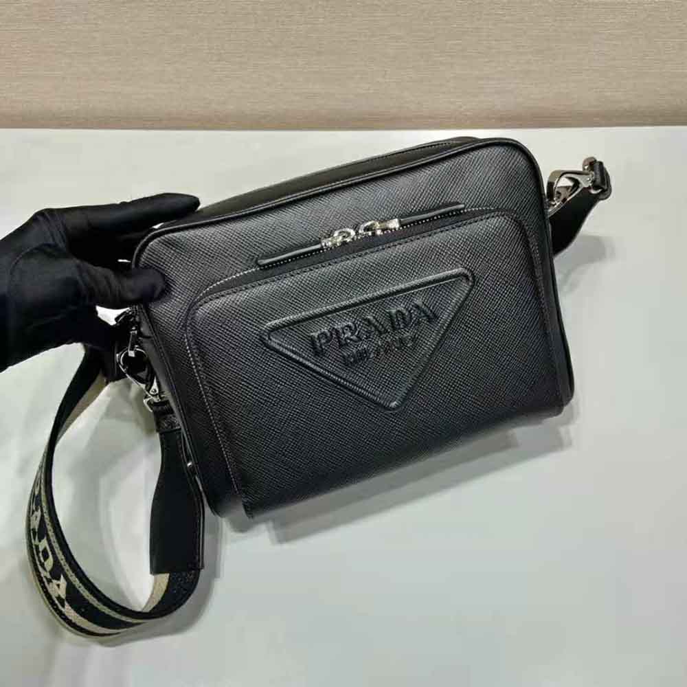 Prada Women Saffiano Leather Shoulder Bag With Iconic Prada Material-Black