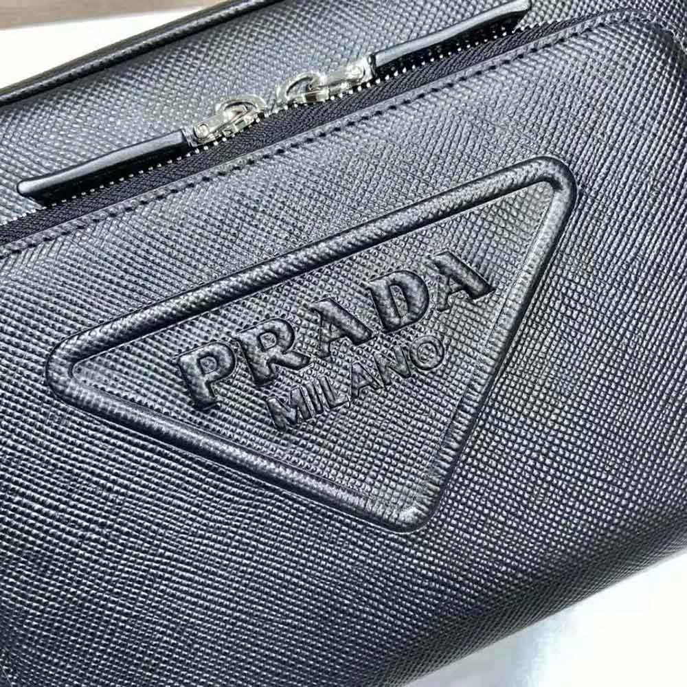 Prada Women Saffiano Leather Shoulder Bag With Iconic Prada Material-Black