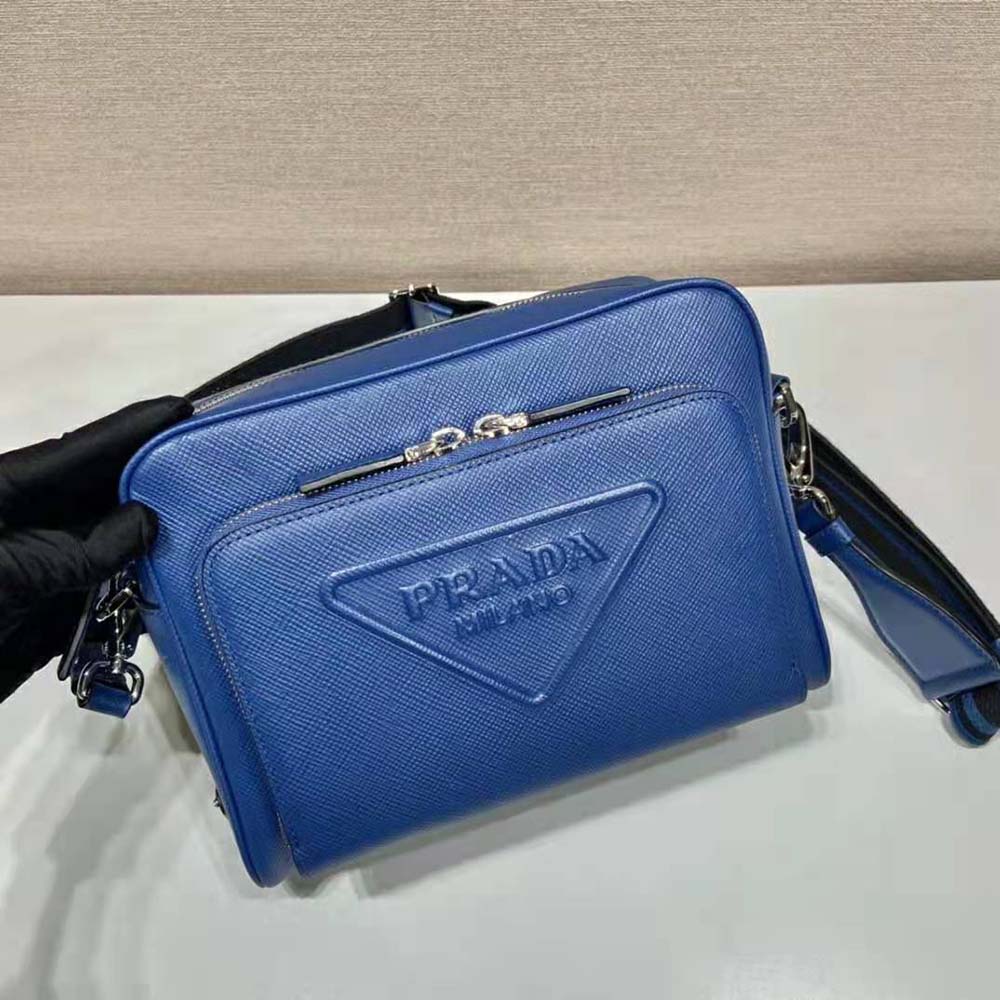 Prada Women Saffiano Leather Shoulder Bag With Iconic Prada Material-Navy