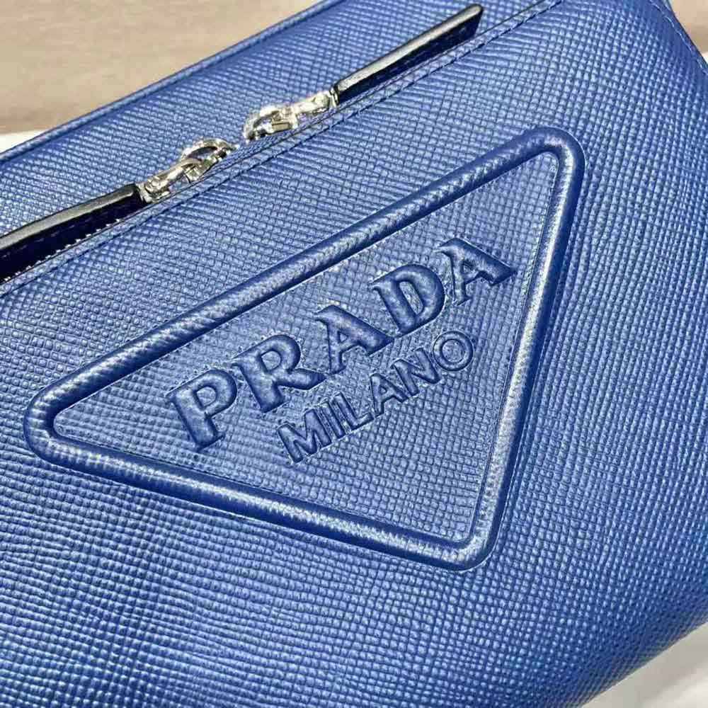 Prada Women Saffiano Leather Shoulder Bag With Iconic Prada Material-Navy