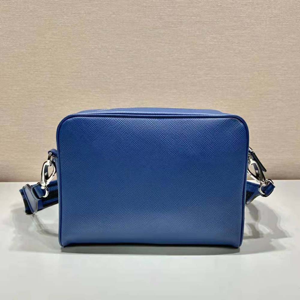 Prada Women Saffiano Leather Shoulder Bag With Iconic Prada Material-Navy