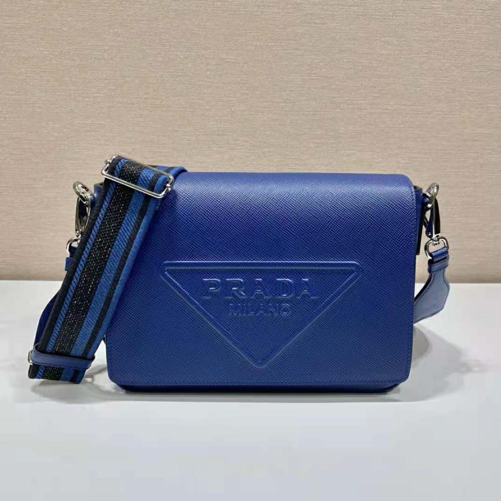 Prada Women Saffiano Leather Shoulder Bag with Sleek-Navy