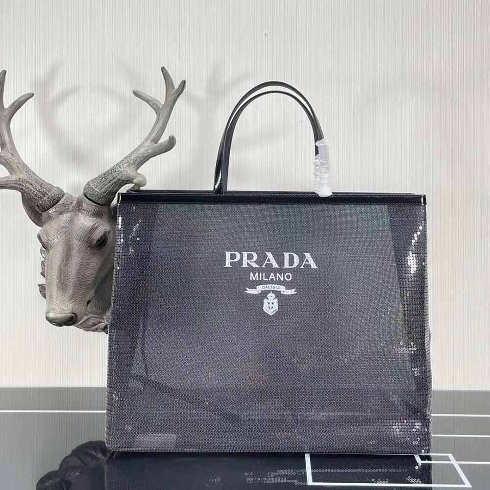 Prada Women Sequined Mesh Tote Bag-Black