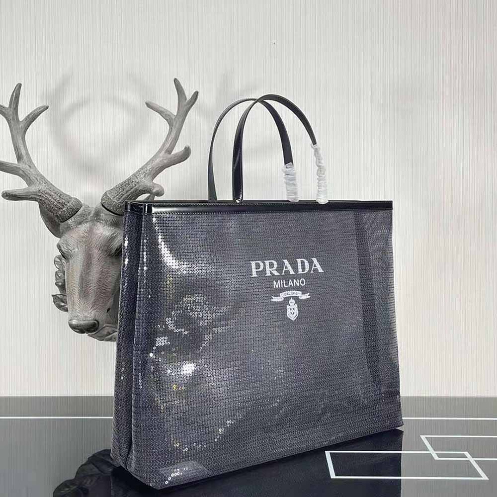 Prada Women Sequined Mesh Tote Bag-Black