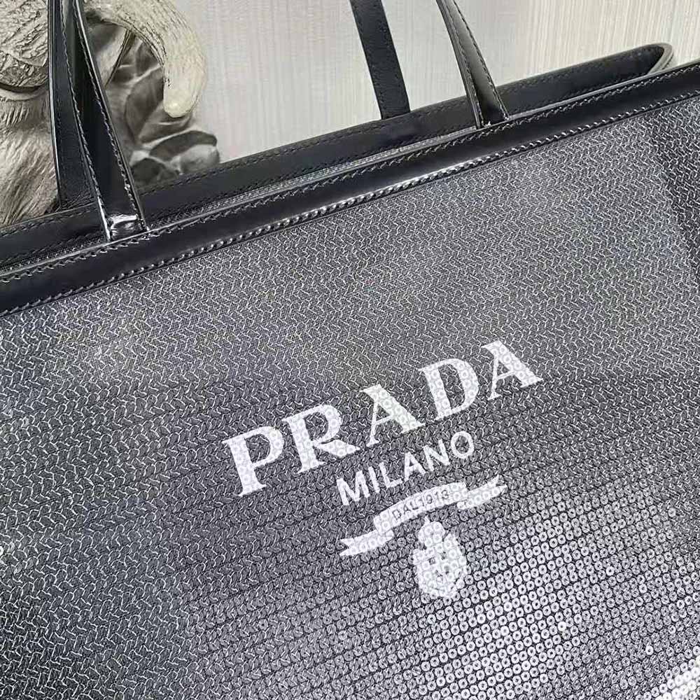 Prada Women Sequined Mesh Tote Bag-Black