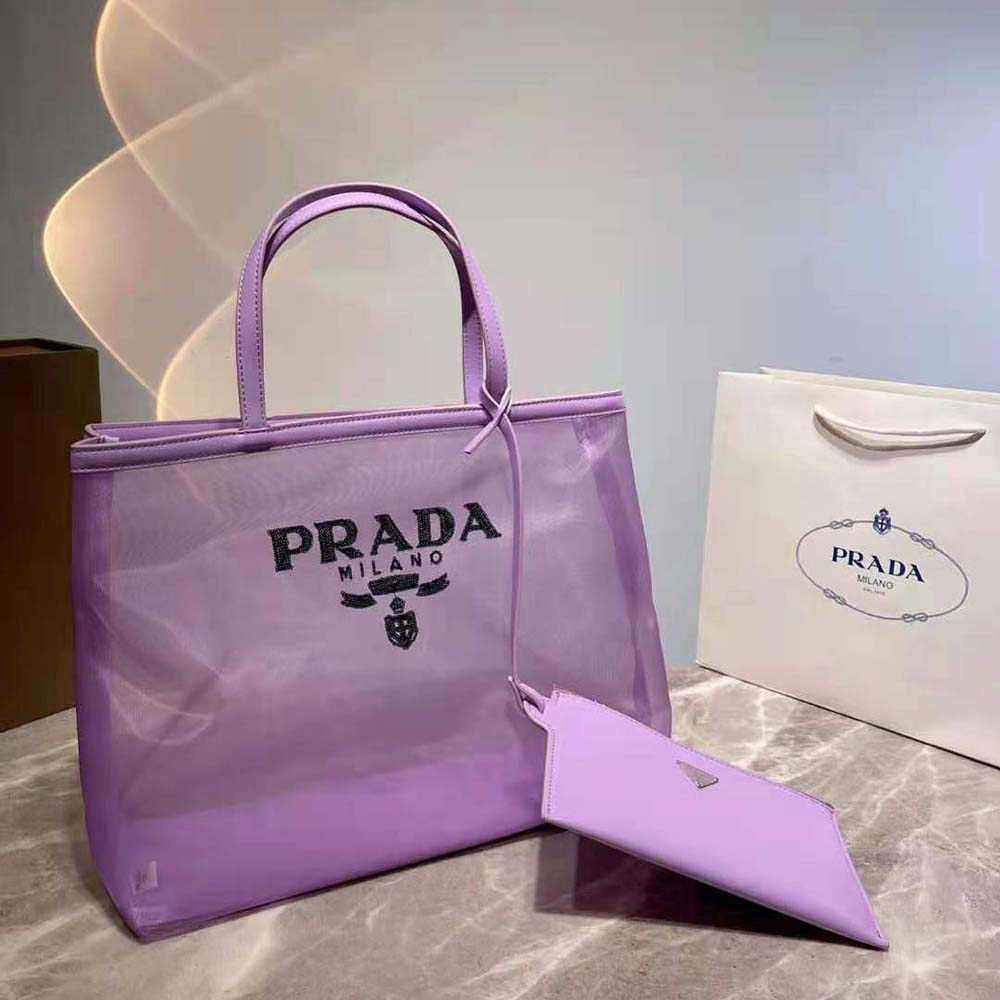 Prada Women Sequined Mesh Tote Bag-Purple