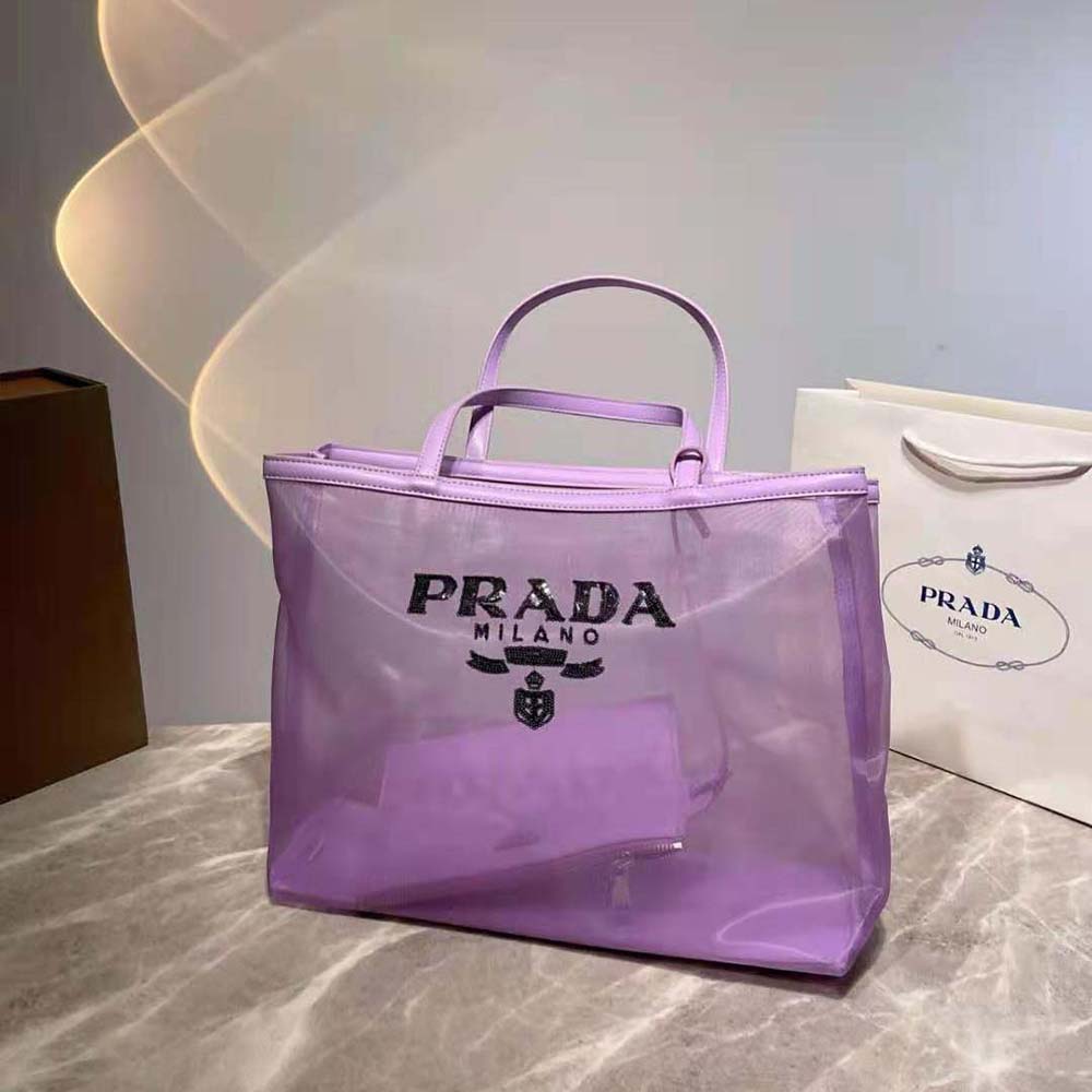 Prada Women Sequined Mesh Tote Bag-Purple