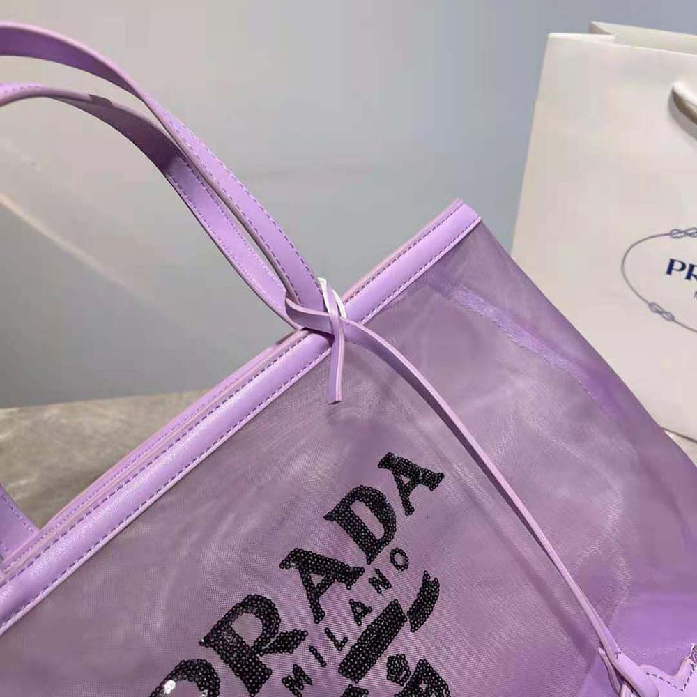 Prada Women Sequined Mesh Tote Bag-Purple