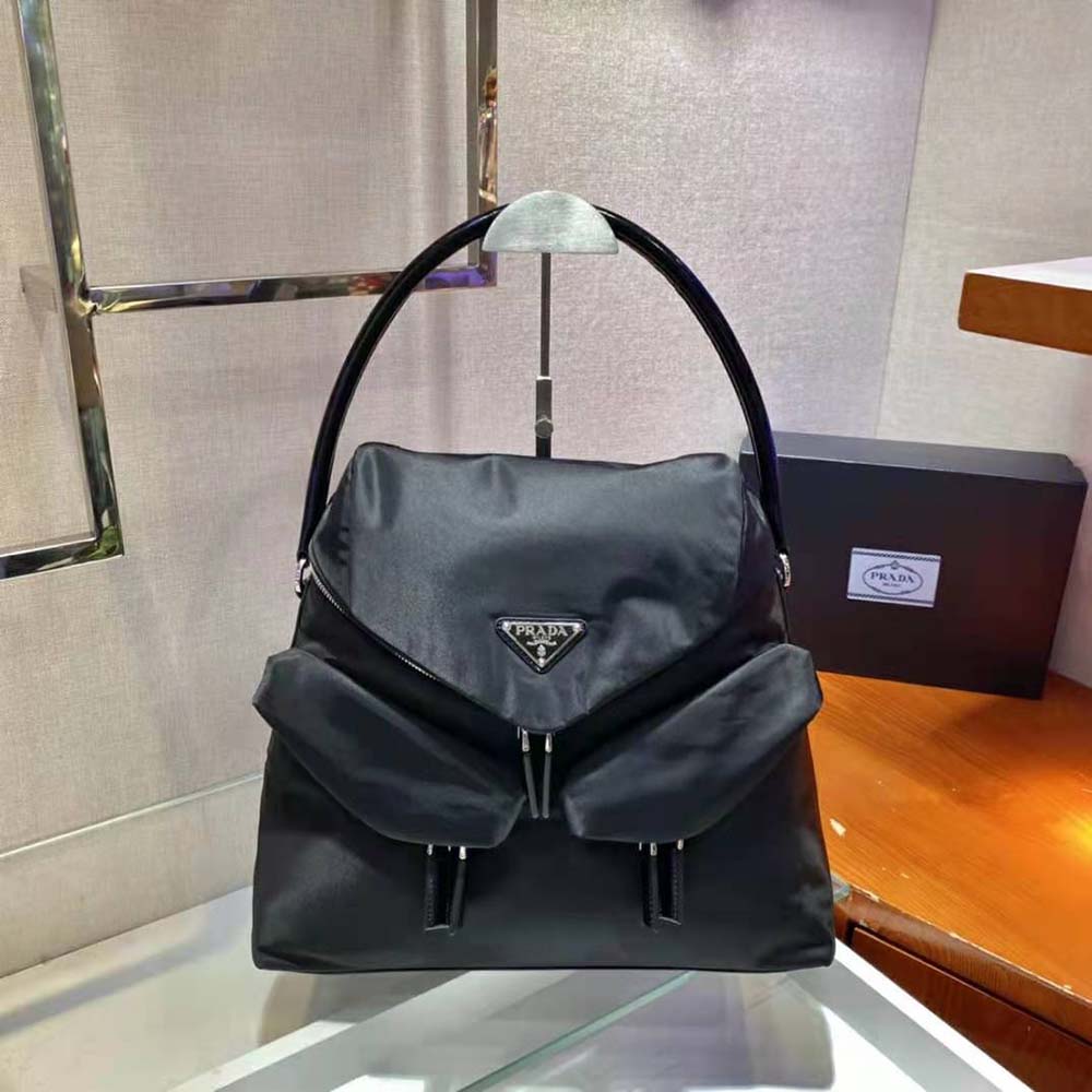 Prada Women Signaux Nylon and Leather Hobo Bag-Black