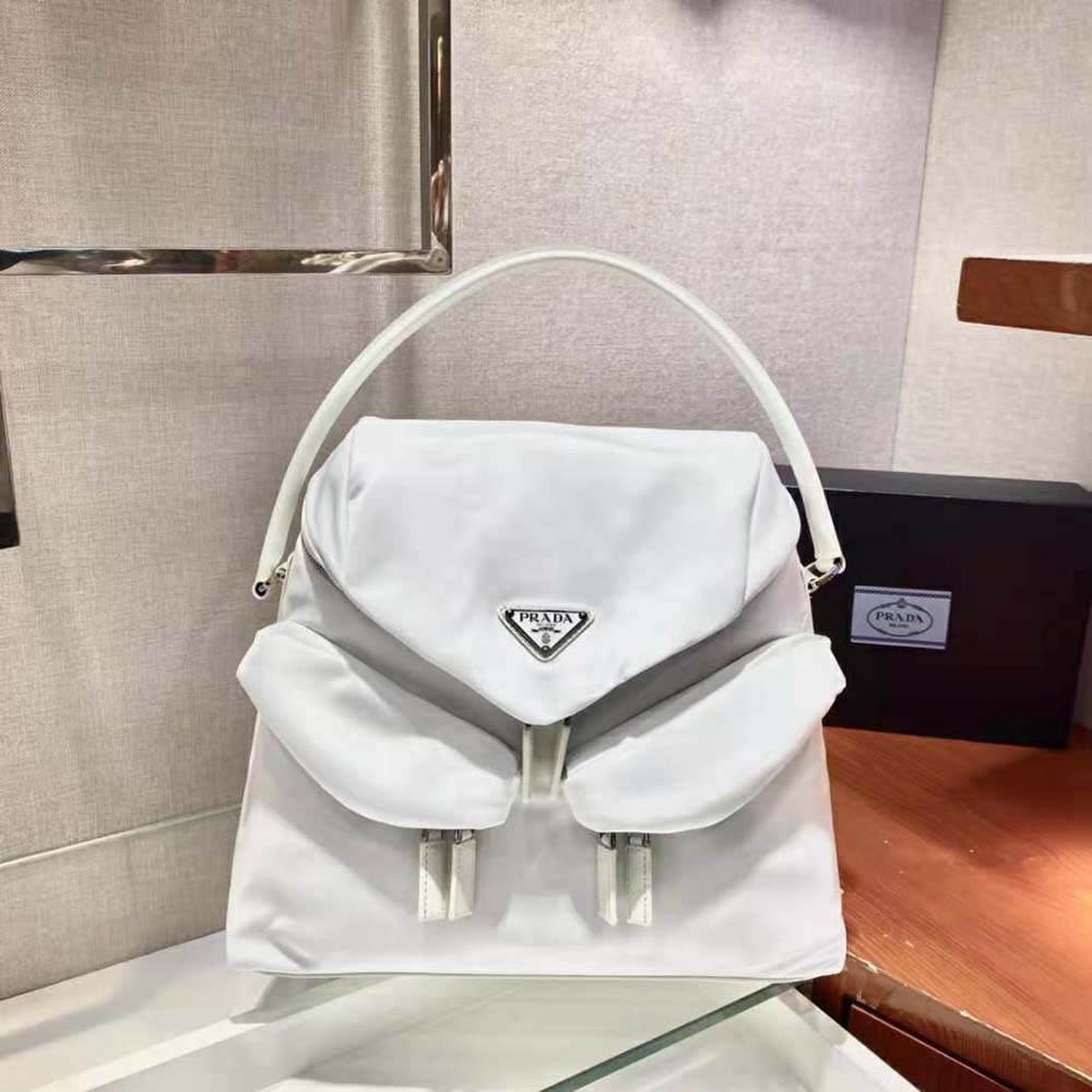 Prada Women Signaux Nylon and Leather Hobo Bag-White