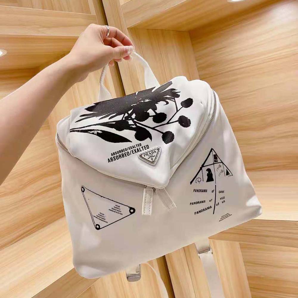 Prada Women Signaux Printed Nylon Backpack-White