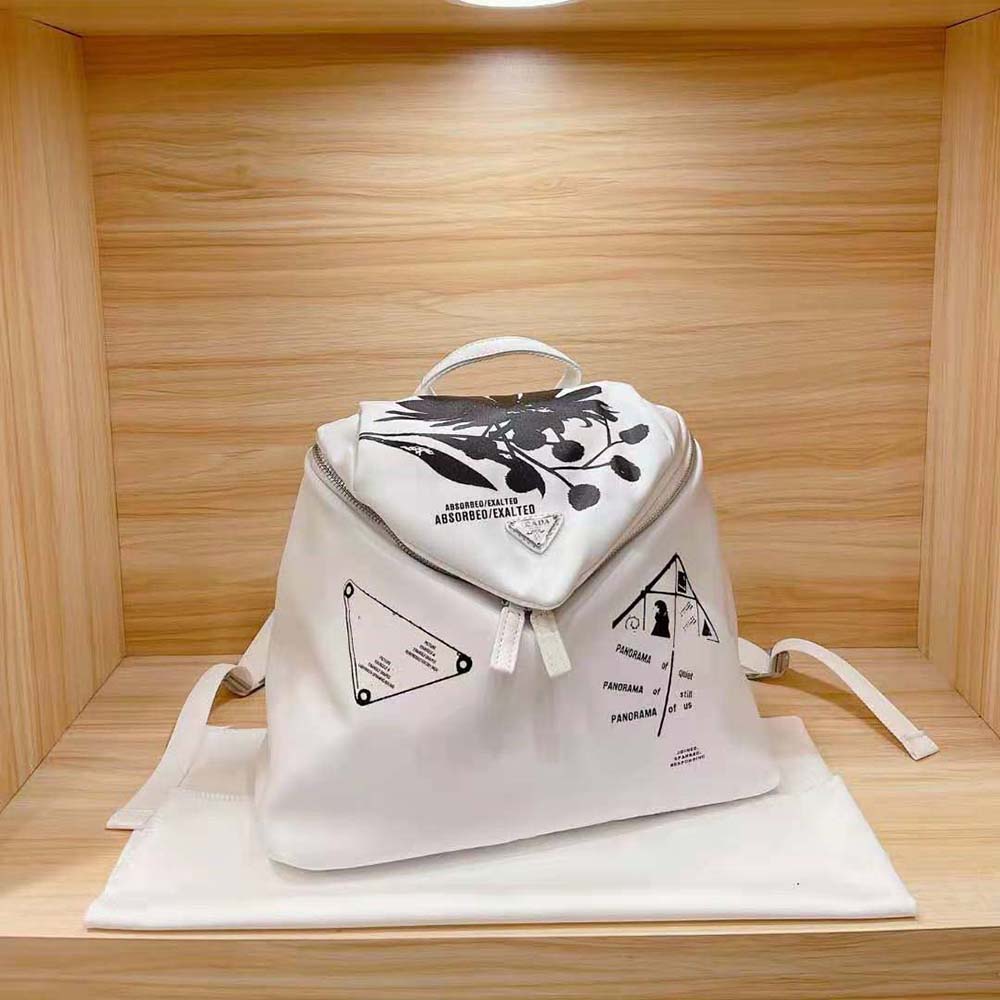 Prada Women Signaux Printed Nylon Backpack-White