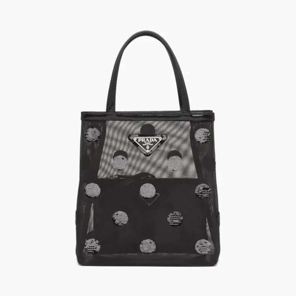 Prada Women Small Polka-Dot Mesh Tote Bag-Black