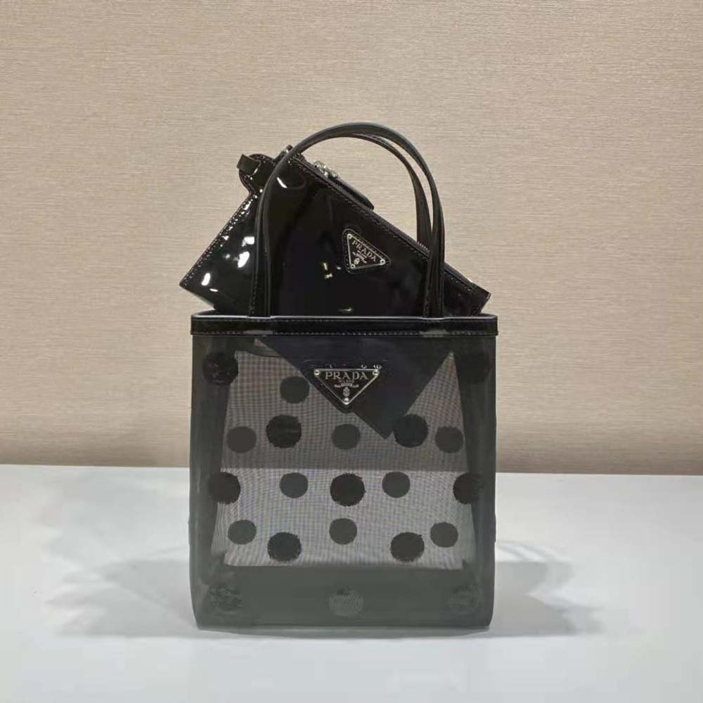 Prada Women Small Polka-Dot Mesh Tote Bag-Black