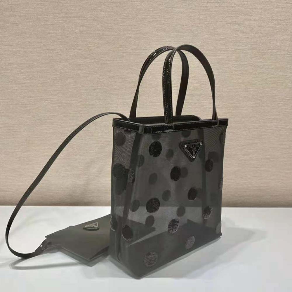 Prada Women Small Polka-Dot Mesh Tote Bag-Black