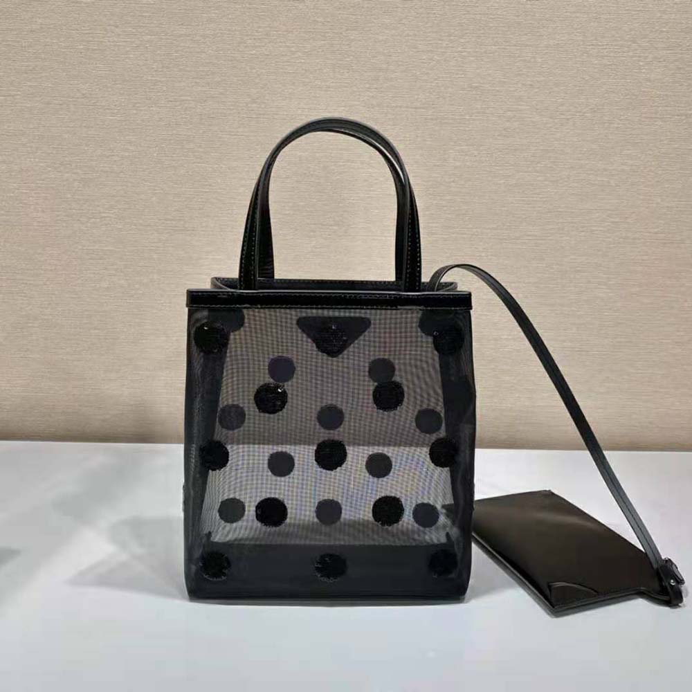 Prada Women Small Polka-Dot Mesh Tote Bag-Black