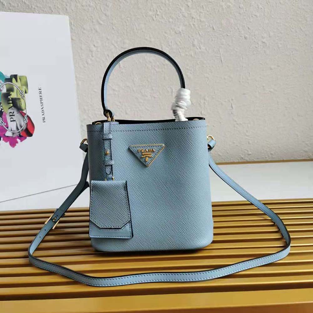 Prada Women Small Saffiano Leather Prada Panier Bag-Blue