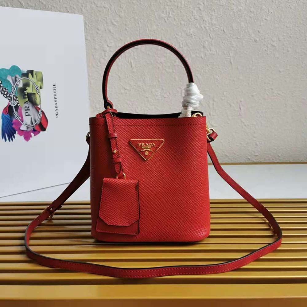 Prada Women Small Saffiano Leather Prada Panier Bag-Red