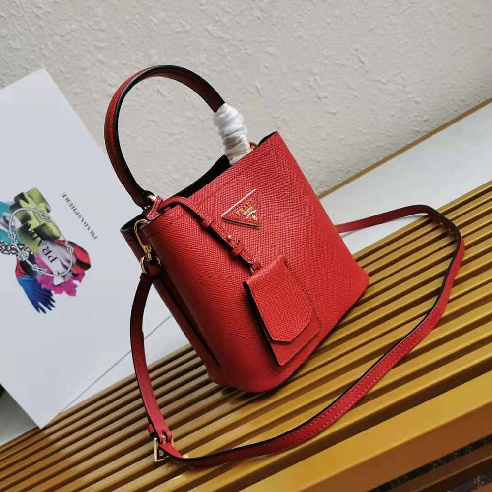 Prada Women Small Saffiano Leather Prada Panier Bag-Red