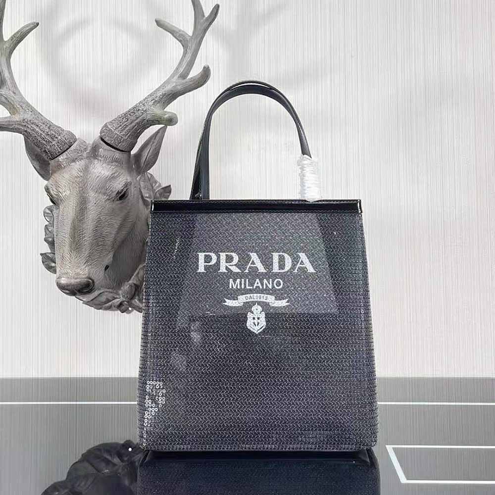 Prada Women Small Sequined Mesh Tote Bag-Black