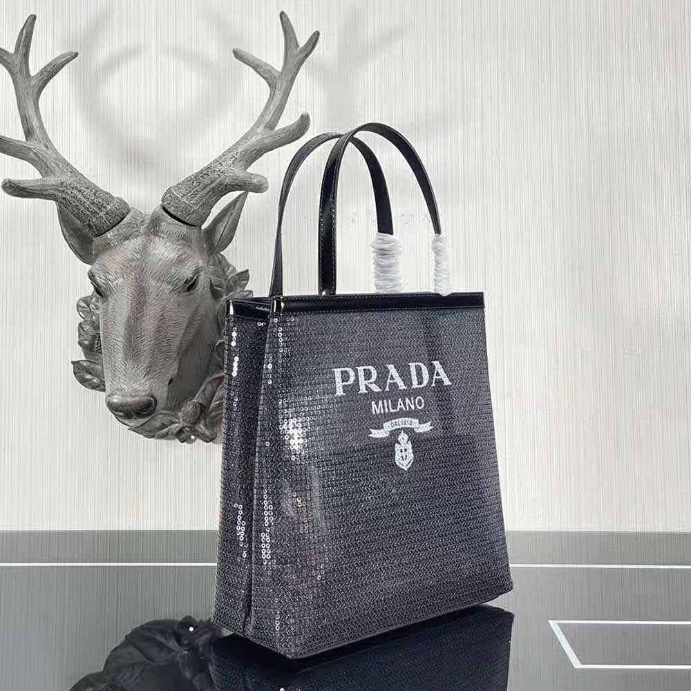 Prada Women Small Sequined Mesh Tote Bag-Black