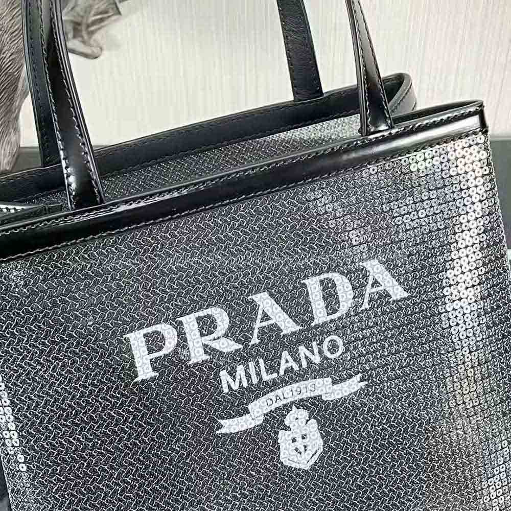 Prada Women Small Sequined Mesh Tote Bag-Black