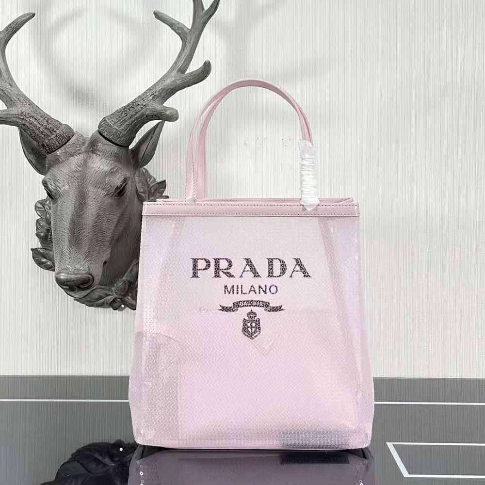 Prada Women Small Sequined Mesh Tote Bag-Pink