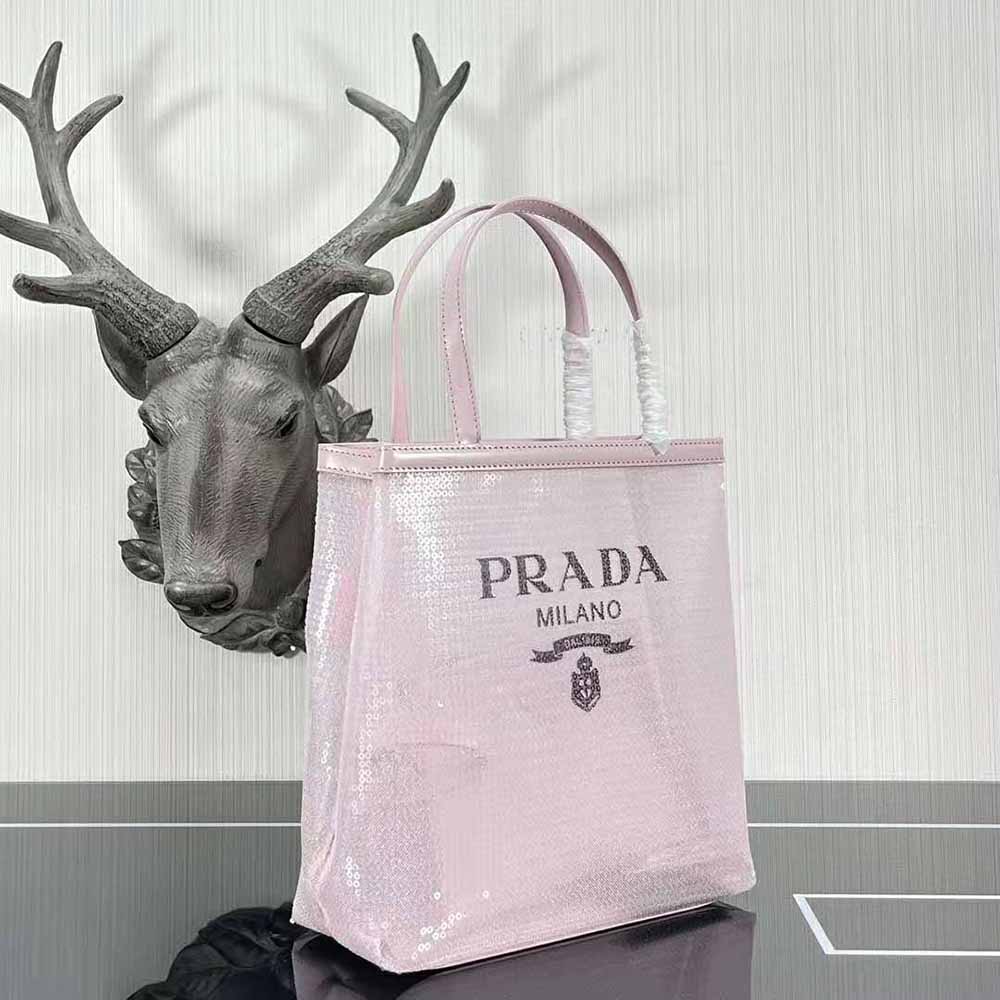 Prada Women Small Sequined Mesh Tote Bag-Pink